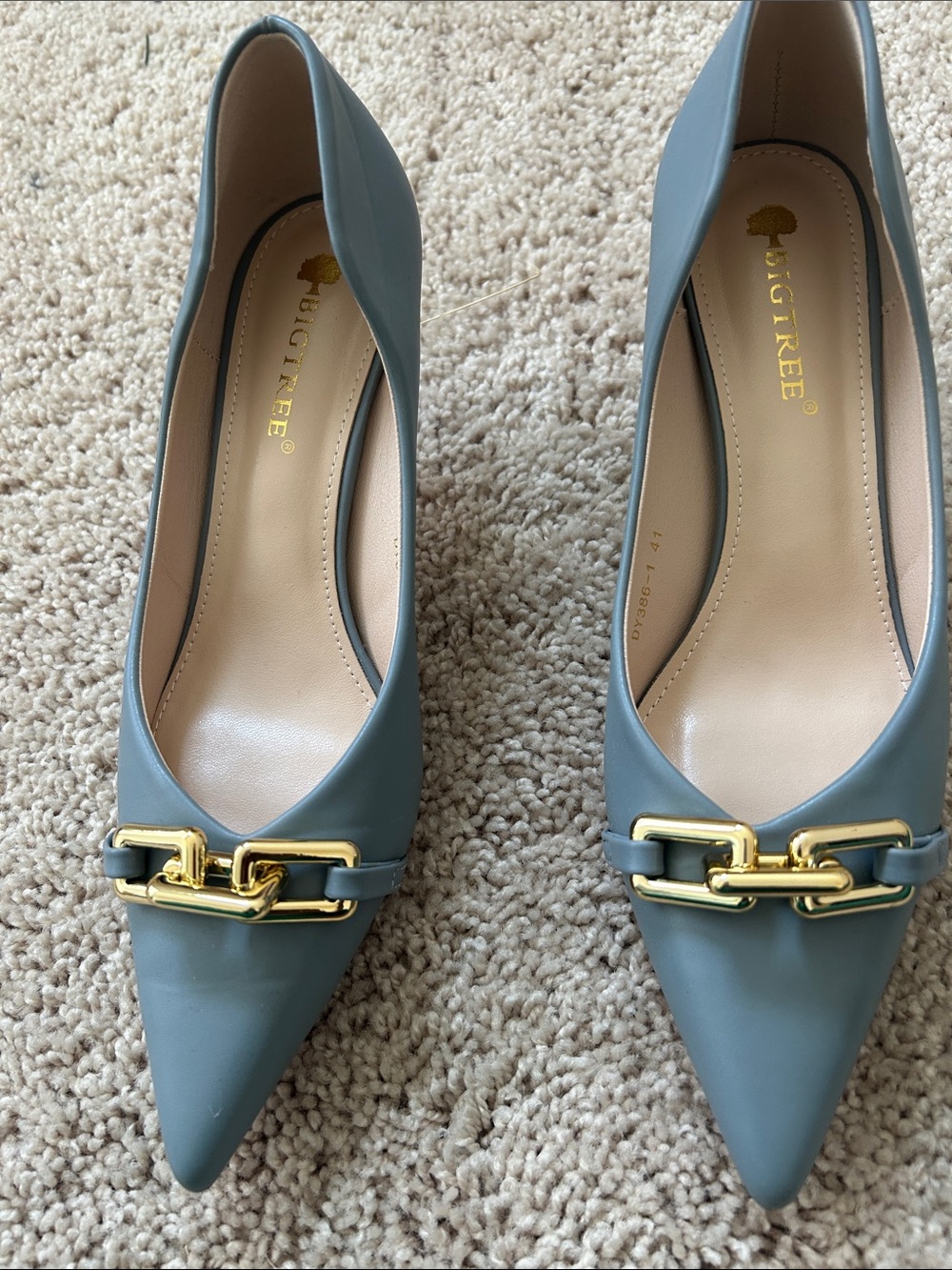 Bigtree Gray Pointed Toe Heels with Gold Chain Accent